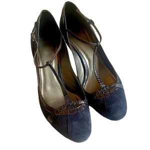 Ann Taylor Loft Sydney T-Strap Navy Blue Suede Vintage Style Heels Sz 8